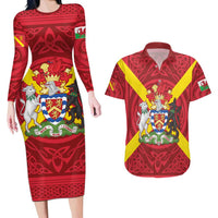 Personalized Anglesey Ynys Mon Couples Matching Long Sleeve Bodycon Dress and Hawaiian Shirt Map and Emblem Celtic Style - Wonder Print Shop