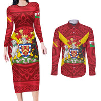Personalized Anglesey Ynys Mon Couples Matching Long Sleeve Bodycon Dress and Long Sleeve Button Shirt Map and Emblem Celtic Style - Wonder Print Shop