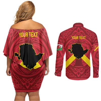 Personalized Anglesey Ynys Mon Couples Matching Off Shoulder Short Dress and Long Sleeve Button Shirt Map and Emblem Celtic Style - Wonder Print Shop