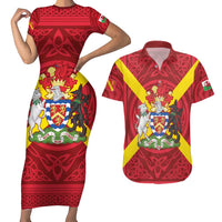 Personalized Anglesey Ynys Mon Couples Matching Short Sleeve Bodycon Dress and Hawaiian Shirt Map and Emblem Celtic Style - Wonder Print Shop