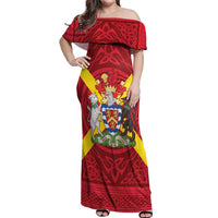 Personalized Anglesey Ynys Mon Off Shoulder Maxi Dress Map and Emblem Celtic Style - Wonder Print Shop