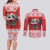 Poland Christmas Couples Matching Long Sleeve Bodycon Dress and Long Sleeve Button Shirt Polish Eagle with Flag Style - Wonder Print Shop