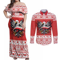 Poland Christmas Couples Matching Off Shoulder Maxi Dress and Long Sleeve Button Shirt Polish Eagle with Flag Style - Wonder Print Shop