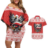 Poland Christmas Couples Matching Off Shoulder Short Dress and Hawaiian Shirt Polish Eagle with Flag Style - Wonder Print Shop