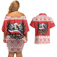 Poland Christmas Couples Matching Off Shoulder Short Dress and Hawaiian Shirt Polish Eagle with Flag Style - Wonder Print Shop