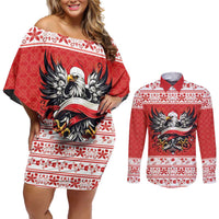 Poland Christmas Couples Matching Off Shoulder Short Dress and Long Sleeve Button Shirt Polish Eagle with Flag Style - Wonder Print Shop