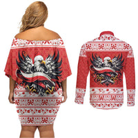 Poland Christmas Couples Matching Off Shoulder Short Dress and Long Sleeve Button Shirt Polish Eagle with Flag Style - Wonder Print Shop