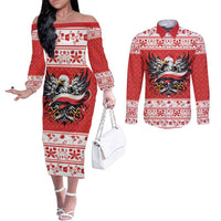 Poland Christmas Couples Matching Off The Shoulder Long Sleeve Dress and Long Sleeve Button Shirt Polish Eagle with Flag Style - Wonder Print Shop