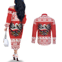 Poland Christmas Couples Matching Off The Shoulder Long Sleeve Dress and Long Sleeve Button Shirt Polish Eagle with Flag Style - Wonder Print Shop