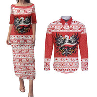 Poland Christmas Couples Matching Puletasi and Long Sleeve Button Shirt Polish Eagle with Flag Style - Wonder Print Shop