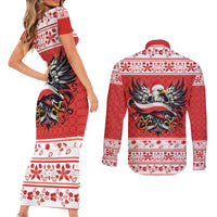 Poland Christmas Couples Matching Short Sleeve Bodycon Dress and Long Sleeve Button Shirt Polish Eagle with Flag Style - Wonder Print Shop