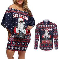 Funny Santa Six Seven Bruh Christmas Couples Matching Off Shoulder Short Dress and Long Sleeve Button Shirt Meme Gen Alpha Slang - Wonder Print Shop