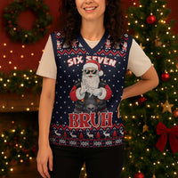 Funny Santa Six Seven Bruh Christmas Knitted V-Neck Vest Meme Gen Alpha Slang - Wonder Print Shop