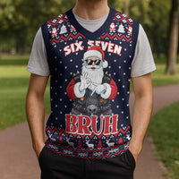 Funny Santa Six Seven Bruh Christmas Knitted V-Neck Vest Meme Gen Alpha Slang - Wonder Print Shop