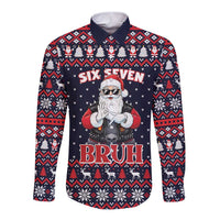 Funny Santa Six Seven Bruh Christmas Long Sleeve Button Shirt Meme Gen Alpha Slang - Wonder Print Shop