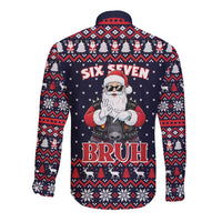 Funny Santa Six Seven Bruh Christmas Long Sleeve Button Shirt Meme Gen Alpha Slang - Wonder Print Shop