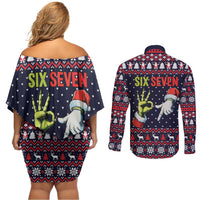 Grinch Hand Six Seven Xmas Couples Matching Off Shoulder Short Dress and Long Sleeve Button Shirt Meme Gen Alpha Slang - Wonder Print Shop