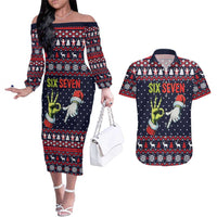 Grinch Hand Six Seven Xmas Couples Matching Off The Shoulder Long Sleeve Dress and Hawaiian Shirt Meme Gen Alpha Slang - Wonder Print Shop