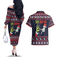 Grinch Hand Six Seven Xmas Couples Matching Off The Shoulder Long Sleeve Dress and Hawaiian Shirt Meme Gen Alpha Slang - Wonder Print Shop