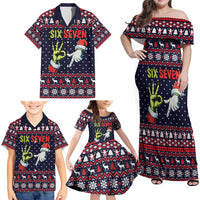 Grinch Hand Six Seven Xmas Family Matching Off Shoulder Maxi Dress and Hawaiian Shirt Meme Gen Alpha Slang - Wonder Print Shop