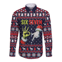 Grinch Hand Six Seven Xmas Long Sleeve Button Shirt Meme Gen Alpha Slang - Wonder Print Shop