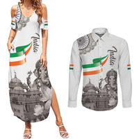 India Ganesha and Akshardham Couples Matching Summer Maxi Dress and Long Sleeve Button Shirt Lord Ganpati Lotus Flag Style - Wonder Print Shop