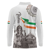India Ganesha and Akshardham Long Sleeve Polo Shirt Lord Ganpati Lotus Flag Style - Wonder Print Shop