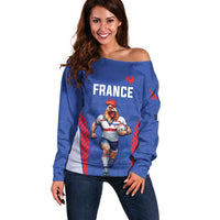 Custom Rugby France Off Shoulder Sweater XV de France Gallic Rooster Mascot