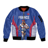 Custom Rugby France Sleeve Zip Bomber Jacket XV de France Gallic Rooster Mascot