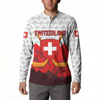 Switzerland Ice Hockey Custom Button Sweatshirt Swiss Shield Alps Art