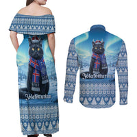 Iceland Christmas Couples Matching Off Shoulder Maxi Dress and Long Sleeve Button Shirt Icelandic Yule Cat LT19