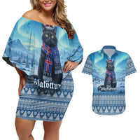 Iceland Christmas Couples Matching Off Shoulder Short Dress and Hawaiian Shirt Icelandic Yule Cat LT19