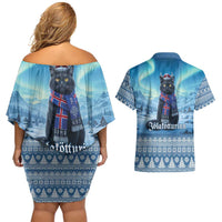 Iceland Christmas Couples Matching Off Shoulder Short Dress and Hawaiian Shirt Icelandic Yule Cat LT19