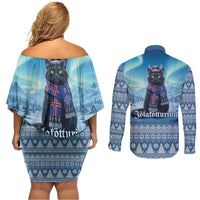 Iceland Christmas Couples Matching Off Shoulder Short Dress and Long Sleeve Button Shirt Icelandic Yule Cat LT19