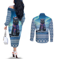 Iceland Christmas Couples Matching Off The Shoulder Long Sleeve Dress and Long Sleeve Button Shirt Icelandic Yule Cat LT19