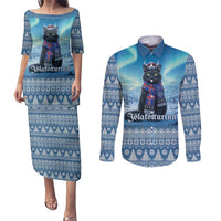 Iceland Christmas Couples Matching Puletasi and Long Sleeve Button Shirt Icelandic Yule Cat LT19