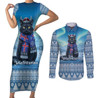 Iceland Christmas Couples Matching Short Sleeve Bodycon Dress and Long Sleeve Button Shirt Icelandic Yule Cat LT19