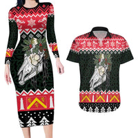 Personalized Anglesey Wales Christmas Couples Matching Long Sleeve Bodycon Dress and Hawaiian Shirt Mari Lwyd Celtic Knot Style - Wonder Print Shop