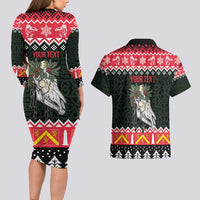 Personalized Anglesey Wales Christmas Couples Matching Long Sleeve Bodycon Dress and Hawaiian Shirt Mari Lwyd Celtic Knot Style - Wonder Print Shop