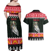 Personalized Anglesey Wales Christmas Couples Matching Off Shoulder Maxi Dress and Hawaiian Shirt Mari Lwyd Celtic Knot Style - Wonder Print Shop