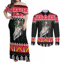 Personalized Anglesey Wales Christmas Couples Matching Off Shoulder Maxi Dress and Long Sleeve Button Shirt Mari Lwyd Celtic Knot Style - Wonder Print Shop