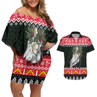 Personalized Anglesey Wales Christmas Couples Matching Off Shoulder Short Dress and Hawaiian Shirt Mari Lwyd Celtic Knot Style - Wonder Print Shop