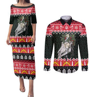 Personalized Anglesey Wales Christmas Couples Matching Puletasi and Long Sleeve Button Shirt Mari Lwyd Celtic Knot Style - Wonder Print Shop