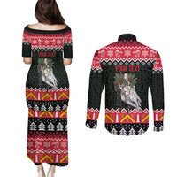 Personalized Anglesey Wales Christmas Couples Matching Puletasi and Long Sleeve Button Shirt Mari Lwyd Celtic Knot Style - Wonder Print Shop