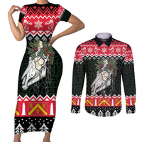 Personalized Anglesey Wales Christmas Couples Matching Short Sleeve Bodycon Dress and Long Sleeve Button Shirt Mari Lwyd Celtic Knot Style - Wonder Print Shop
