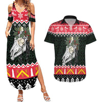 Personalized Anglesey Wales Christmas Couples Matching Summer Maxi Dress and Hawaiian Shirt Mari Lwyd Celtic Knot Style - Wonder Print Shop