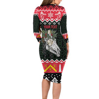 Personalized Anglesey Wales Christmas Long Sleeve Bodycon Dress Mari Lwyd Celtic Knot Style - Wonder Print Shop
