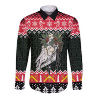 Personalized Anglesey Wales Christmas Long Sleeve Button Shirt Mari Lwyd Celtic Knot Style - Wonder Print Shop