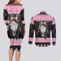 Anglesey Wales Christmas Couples Matching Long Sleeve Bodycon Dress and Long Sleeve Button Shirt Pink Mari Lwyd Welsh Celtic Knot - Wonder Print Shop