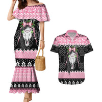Anglesey Wales Christmas Couples Matching Mermaid Dress and Hawaiian Shirt Pink Mari Lwyd Welsh Celtic Knot - Wonder Print Shop